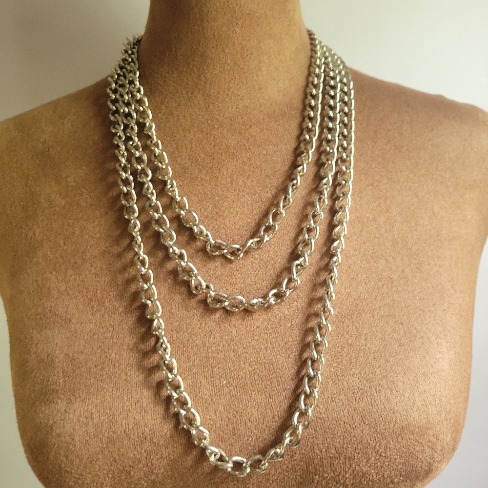 Silver Tone Triple Layer Chunky Curb Link Chain Necklace 36 Inch Grunge